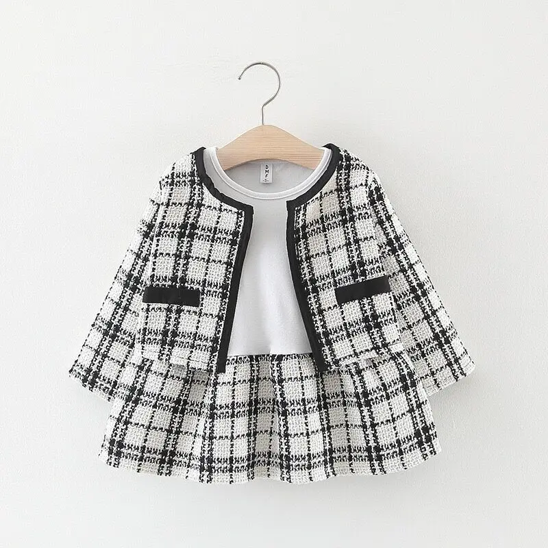 2023 Spring Girls Fashion 2pcs Plaid Suit Baby Kids Children Clothing Set Including Coat+ Dress