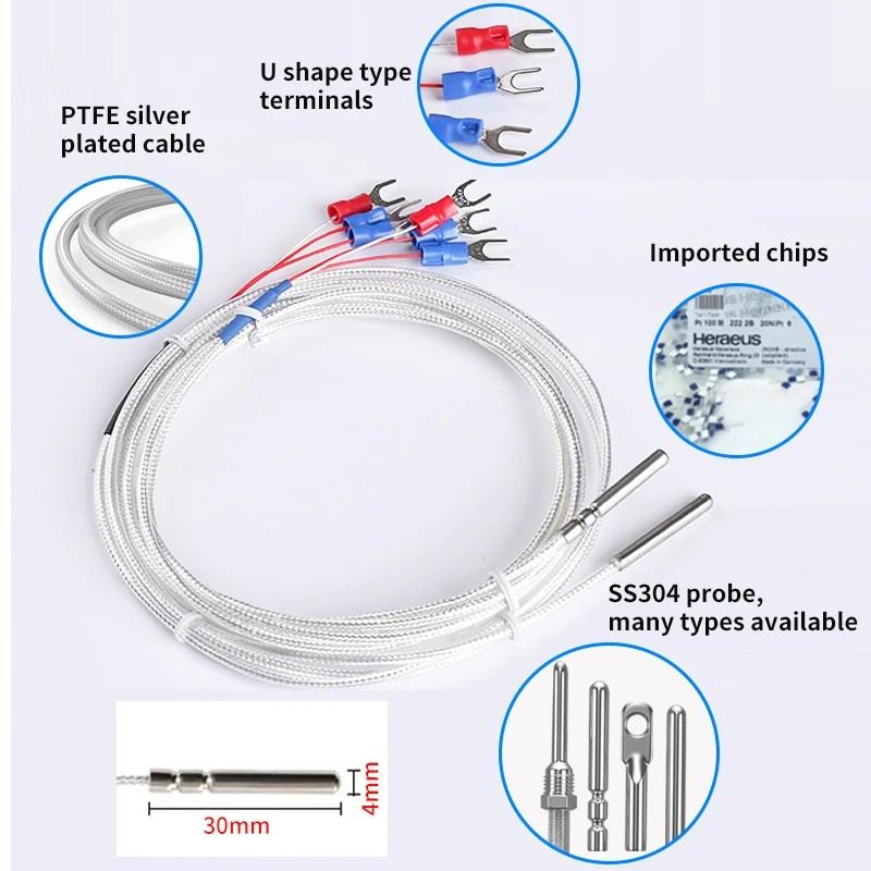 PTFE Silver Plated Cable Pt100 Pt1000 Temperature Sensor Platinum Thermistor U Shape Type Terminals Waterproof Temperature Probe