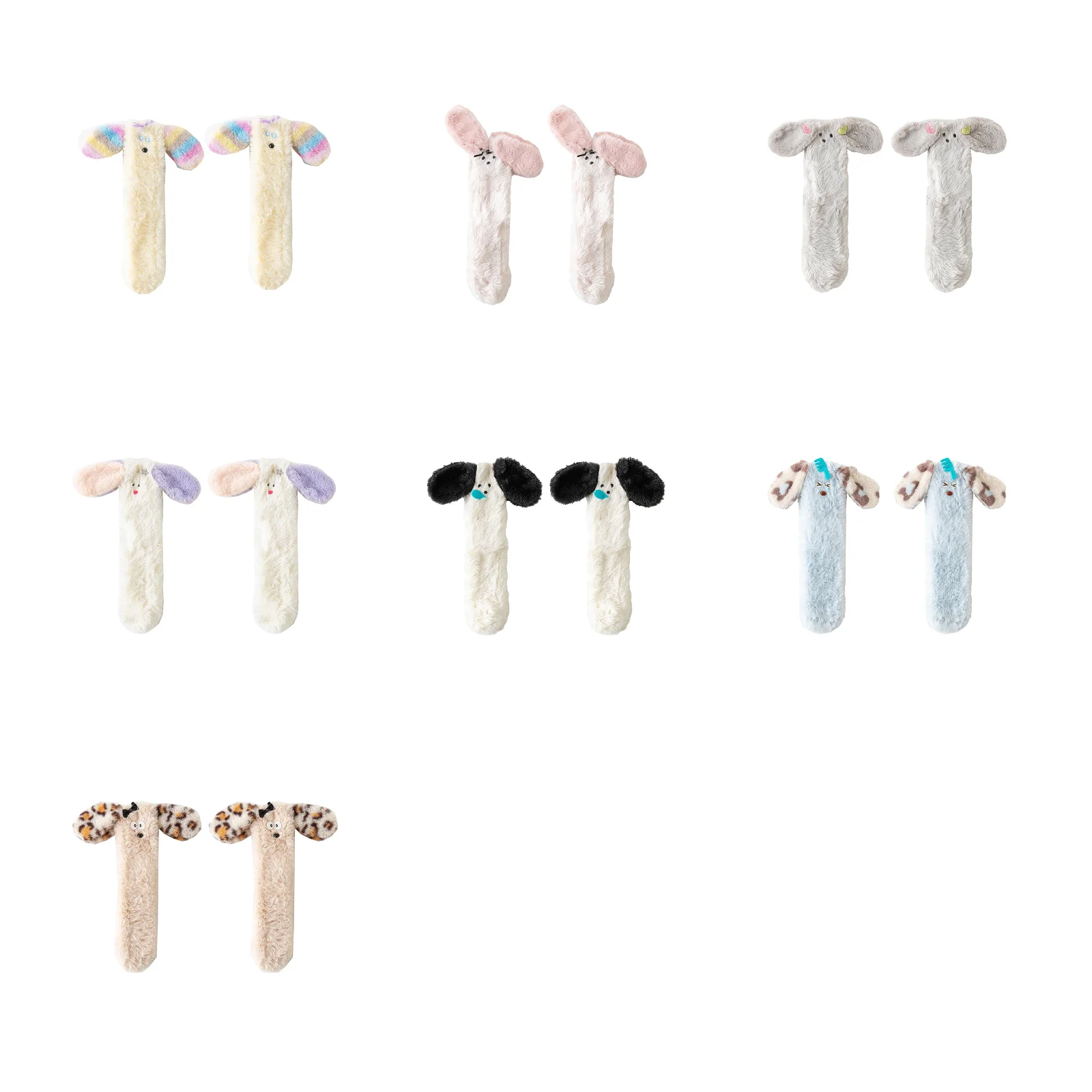 Rainbow/Pink/Gray Heart/Two-Color/Black/Stripe Comb/Leopard Print Ear Dog Plush Socks 7 Combination Set