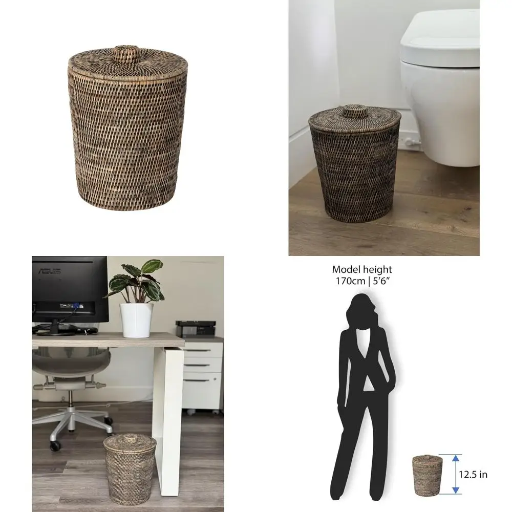 

Round Rattan Waste Basket with Lid and Plastic Insert, Black Wash Finish, Eco-Friendly and Stylish for Home Use