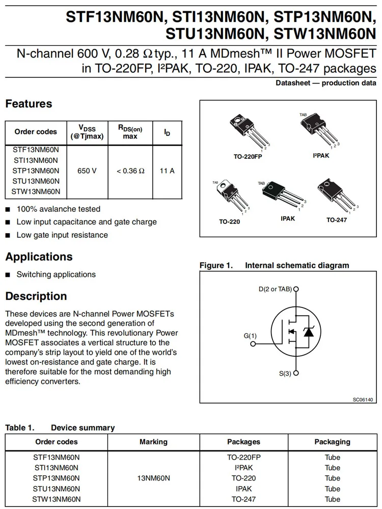 2pcs STP13NM60N TO220 STF13NM60N TO220F 13NM60N N-channel 600V 11A Field Effect Transistor MOSFET