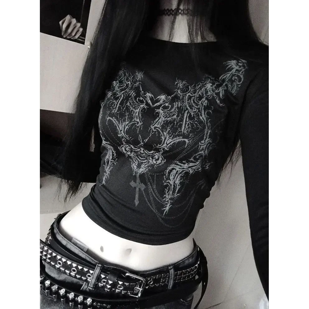 

Gothic Punk Women's Crop Top Long Sve T-irt Cleanfit Sle Ladies Faion Summer Autumn Winter Collection Hip Setwear
