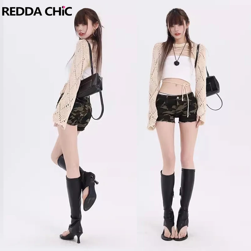 REDDACHiC Camouflage Raw Edge Denim Shorts Women Sexy Slim Fit Cheeky Low Waist Booty Pants Female Trousers Grayu Y2k Streetwear