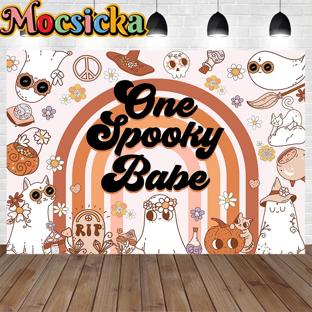 

Halloween Baby Shower Background Newborn One Spooky Babe Backdrop Banner Boho Rainbow Daisy Pumpkin Decor Girls Birthday Party