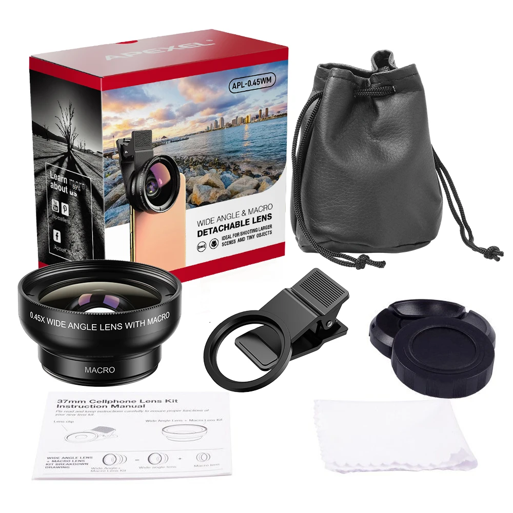 Phone Lens Kit 0.45x Super Wide Angle & 12.5x Macro Micro Lens HD Camera Lentes For IPhone 6S 7 Xiaomi More Cellphones