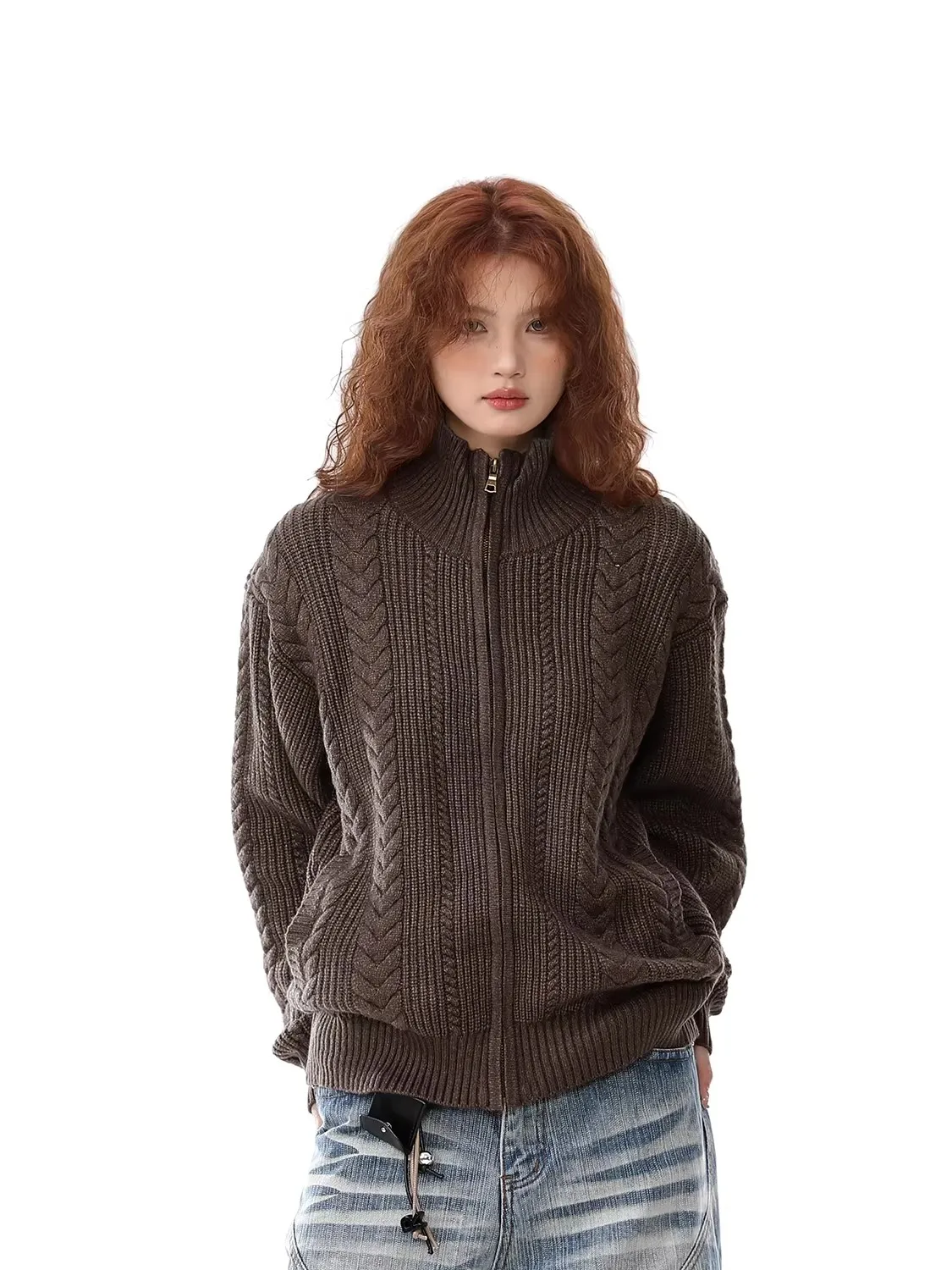 

Американский винтажный коричневый вязаный свитер с высоким воротником, повседневный кардиган-пальто для мужчин и женщин, создающий ощущение роскоши и комфорта