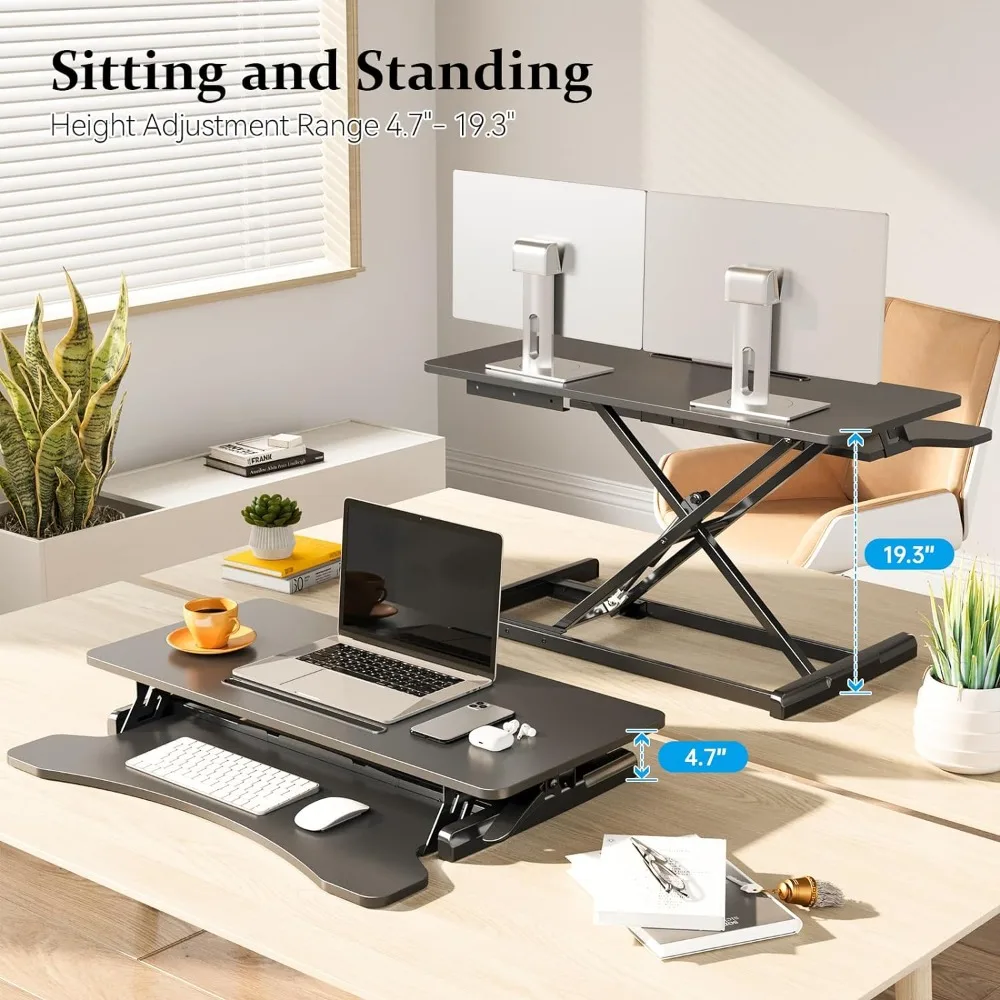 35 inch Standing Desk Converter, Height Adjustable Desktop Standing Desk with Keyboard Tray for Two Monitors