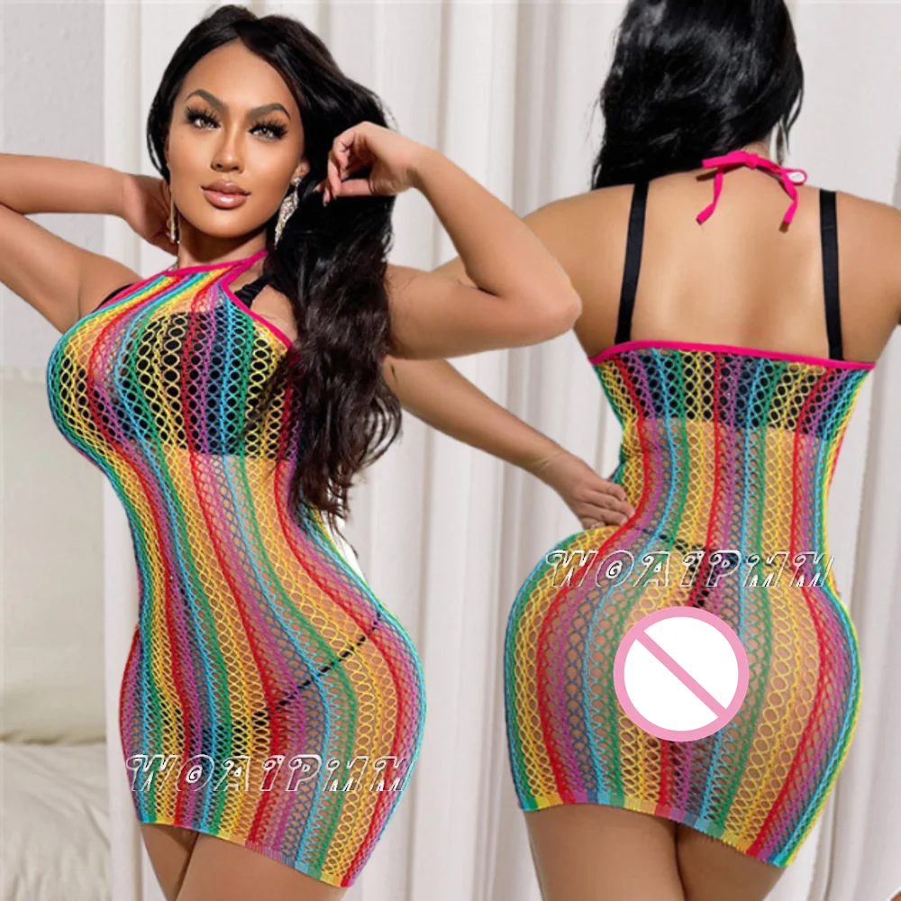 Ladies Rainbow Color Fishnet Bodycon Beach Dress Women Casual Short Skirt Erotic Mesh Hollow See Through Jumpsuit Nightdress