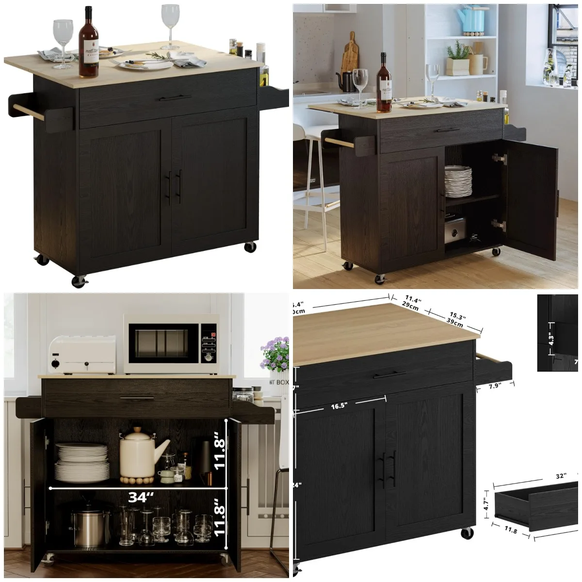 

Rolling Kitchen Island on Wheels with Drop Leaf, Storage Cabinet, Drawer, Spice Rack, Black 47.25' Wide