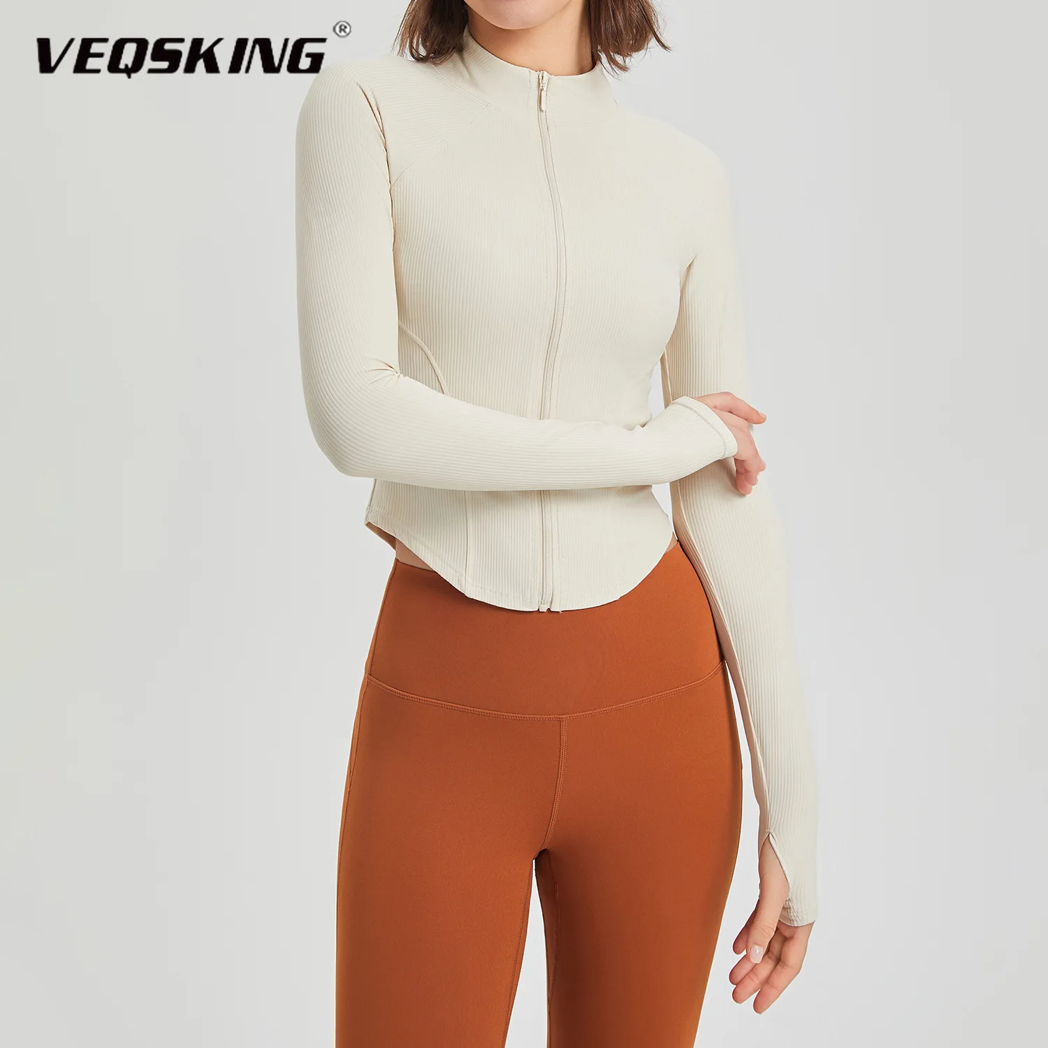 VEQSKING full zip women yoga shirts, slim sports t shirts, long sleeves with thumbhole gym fitness jacket, ribbed workout shirts