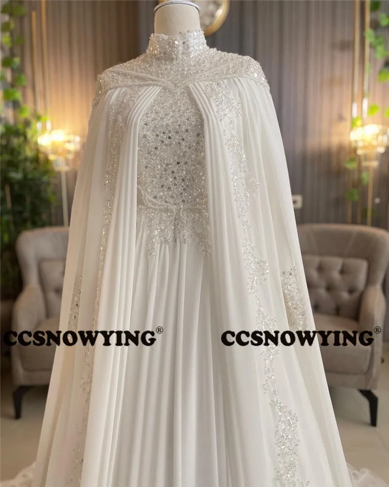 Chiffon Sequins Pearls Muslim Wedding Dress with Cape Long Sleeve Hijab Islamic Bridal Gowns High Neck Arabic Robe De Mariée