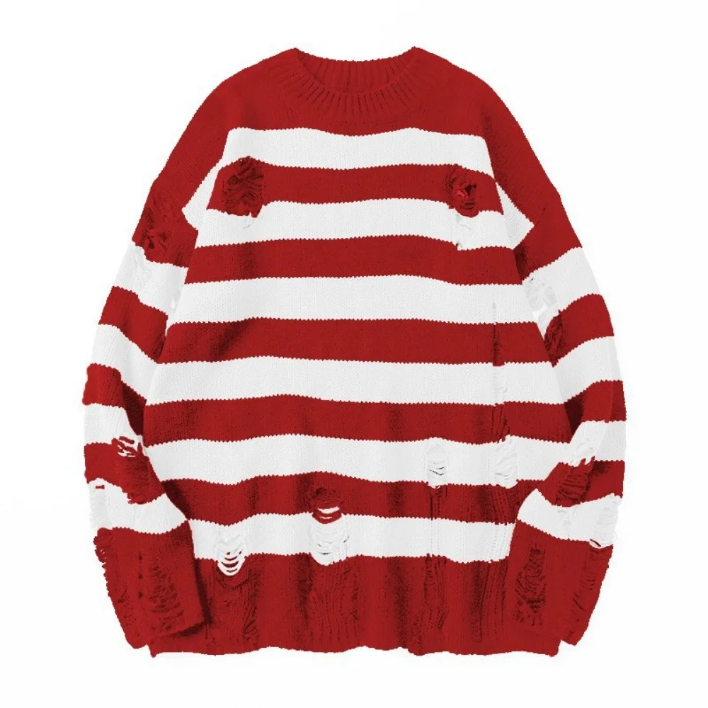 Autumn Winter Couple Stripe Sweaters Destroyed Ripped Sweater Men Pullover Hole Knitwear Women Oversized Fashion Harajuku Tops