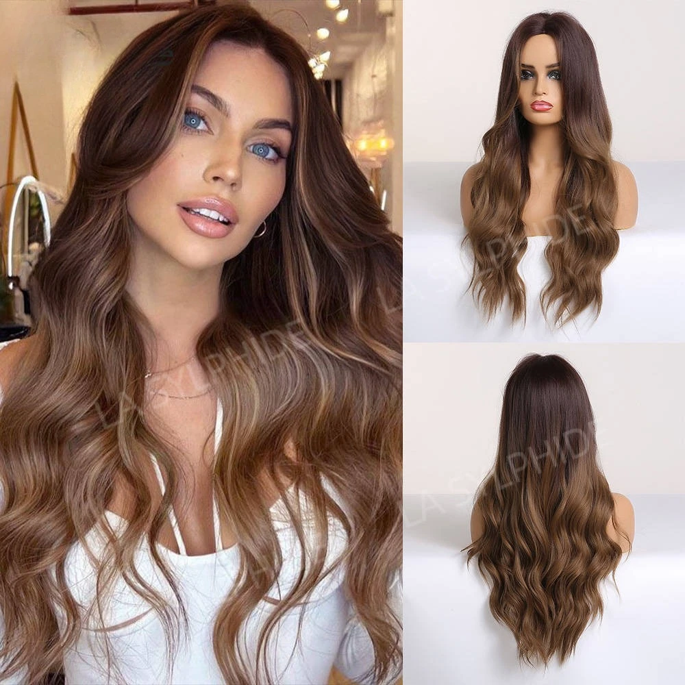 

Hot-selling wig international station medium length curly hair brown gradual change wig female chemical fiber headgear