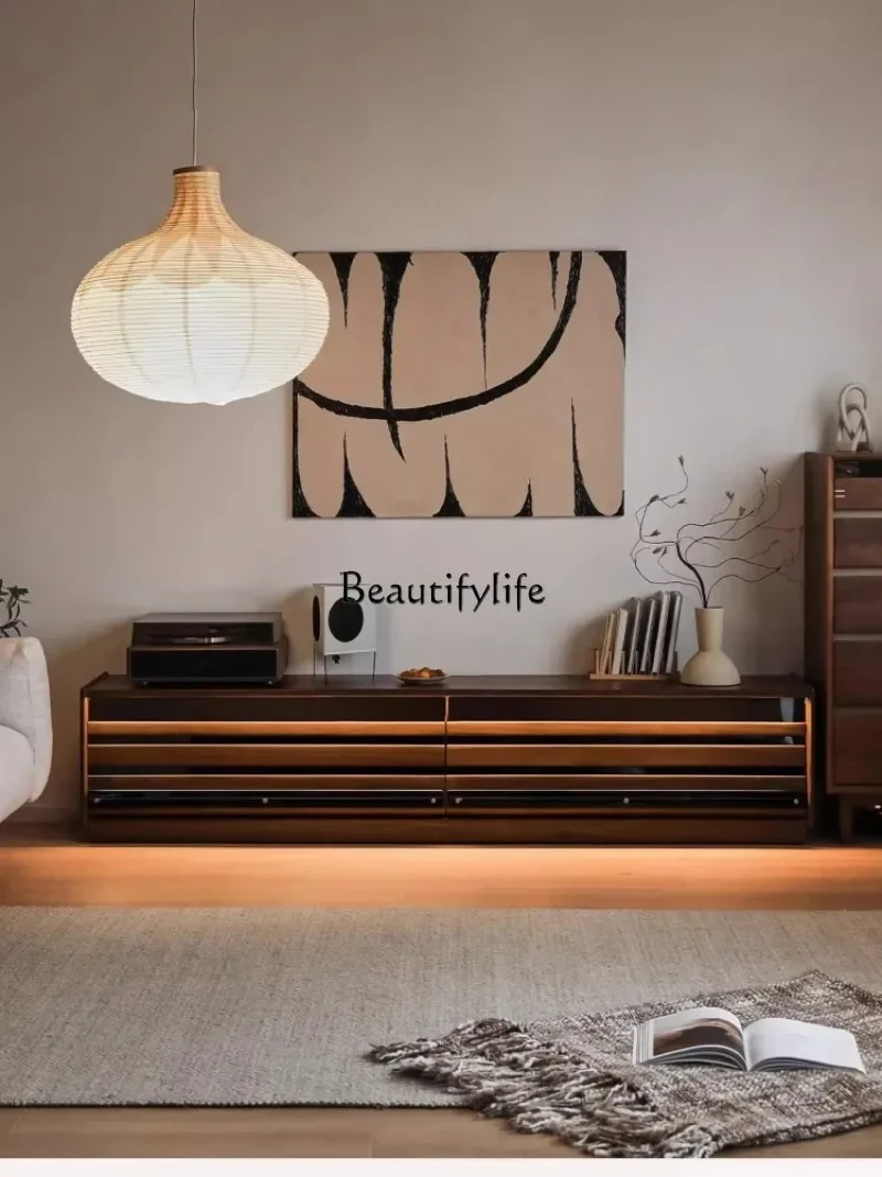 

03Black walnut floor TV cabinet small apartment living room household floor cabinet solid wood