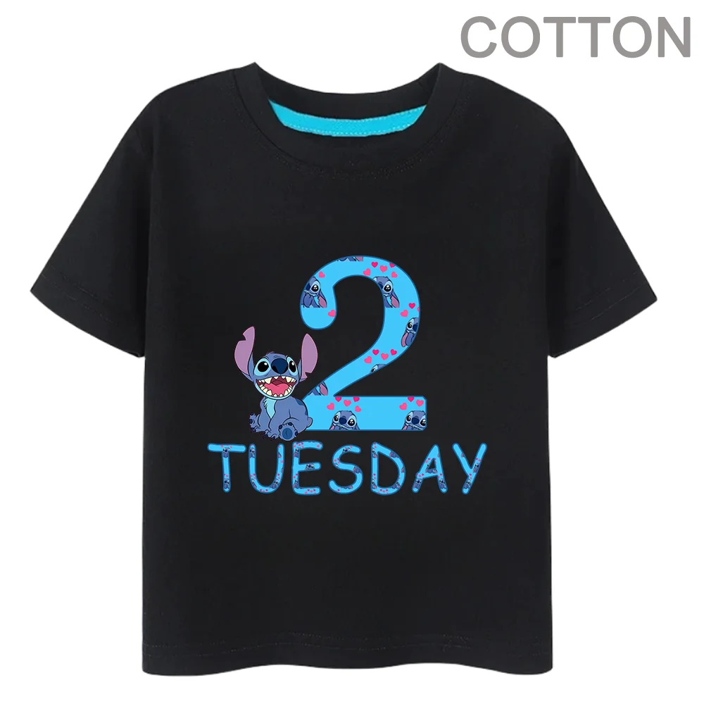 

Stitch Anime Girls Boys Cotton Summer Children's Multiple Cartoon T-shirts Week Number 1234 Round Neck Casual Short Sleeve black