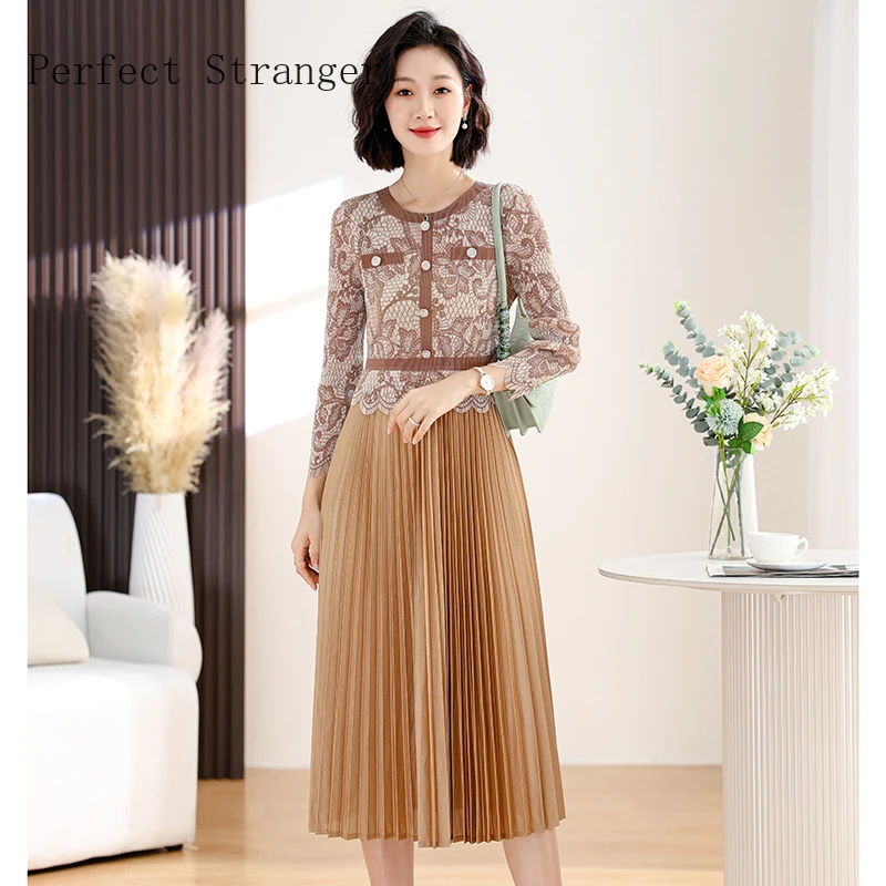 

2025 элегантное миди с круглым вырезом Daliy, плиссированное кружевное градиентное рабочее платье с длинными рукавами, женский халат, женские длинные весенние женские платья