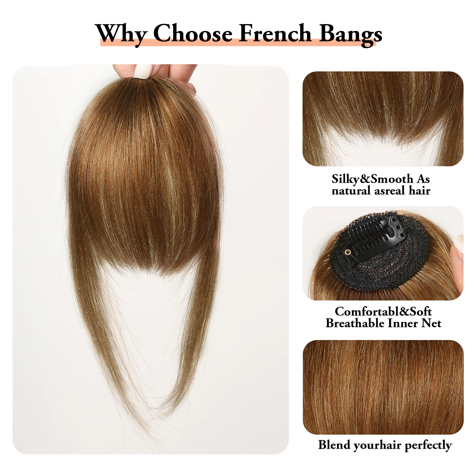 Hair Clip in Bangs 100% Human Hair Extention Honey Brown Fake Bangs Bangs Fringe with Temples for Women Daily image 6