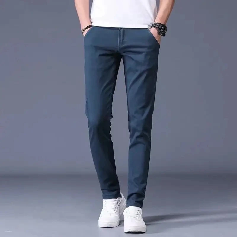 بنطلون مستقيم أحادي اللون للرجال ، بنطلون مطاطي بقصة ضيقة ، كل المطابقة ، قطن ، موضة كاجوال ، عمل ، ربيع وصيف #4