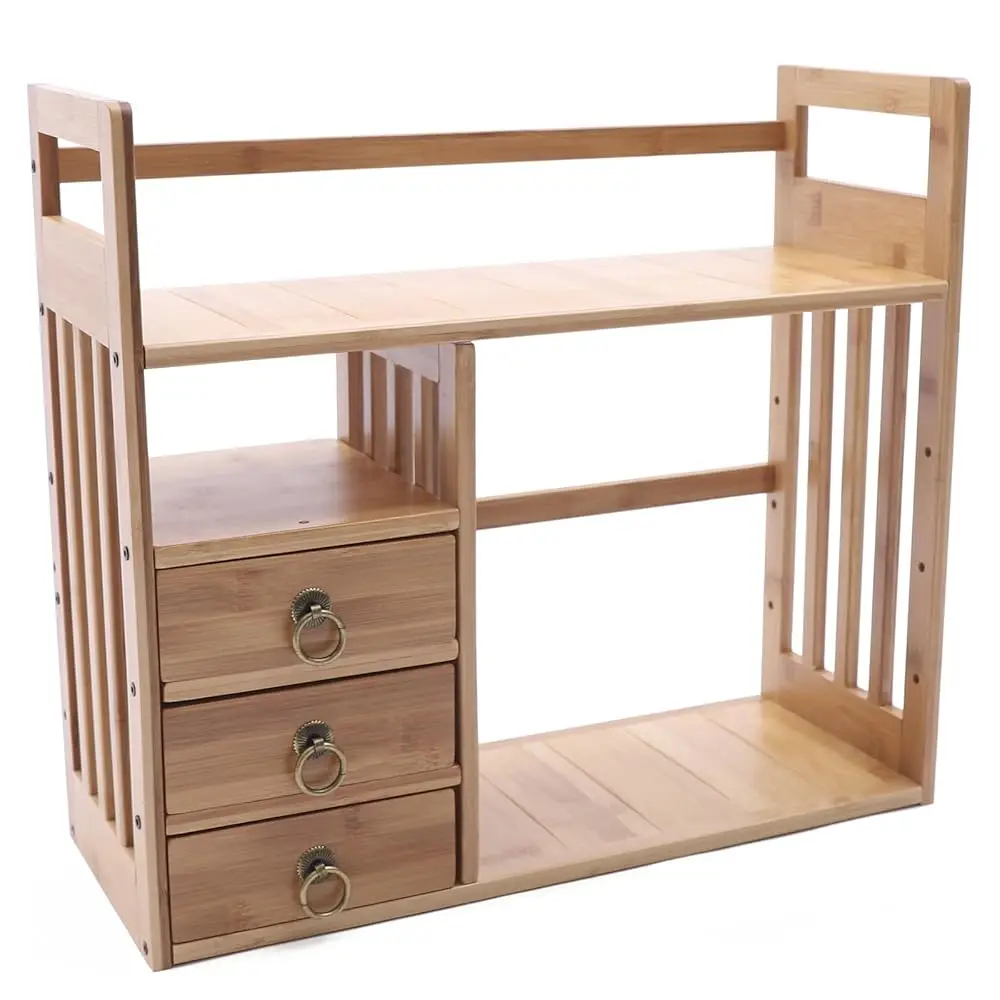 

Small Desktop Bookshelf, 2 Tier Bamboo Countertop Bookshelf Desktop Organizer Shelves With 3 Drawers, Desktop Bookcase For Home