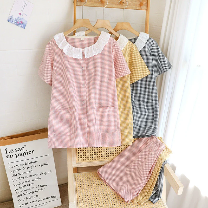 

Summer Women's Suit Cotton Pajama Set Of Clothes Plaid Print Short Sleeve Sleepwear Night Wear For Ladies Pyjama Femmes