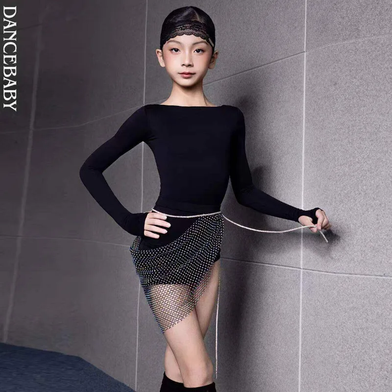 

Индивидуальные платья для латиноамериканских танцев для девочек: повседневные тренировочные костюмы с длинными рукавами, детские сценические наряды с бриллиантовыми стразами