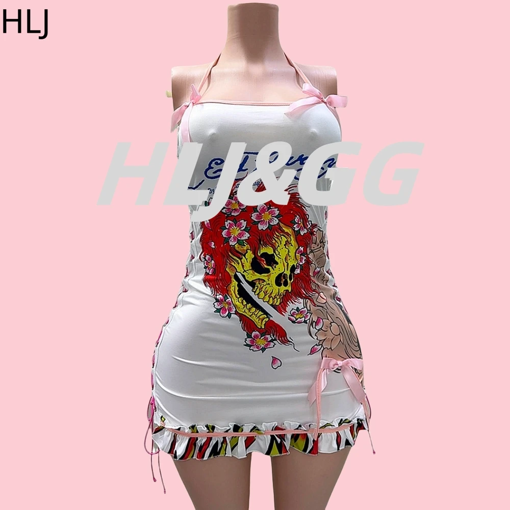 HLJ Y2K Halloween Skeleton Pattern Printing Halter Bandage Mini Dresses Women Bow Side Lace Up Bodycon Vestidos Sexy Clubwear