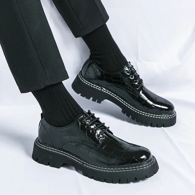 New Black Men Shoes Lace-up Round Toe Stone Pattern Brown Gray Men Dress Shoes Size 38-46