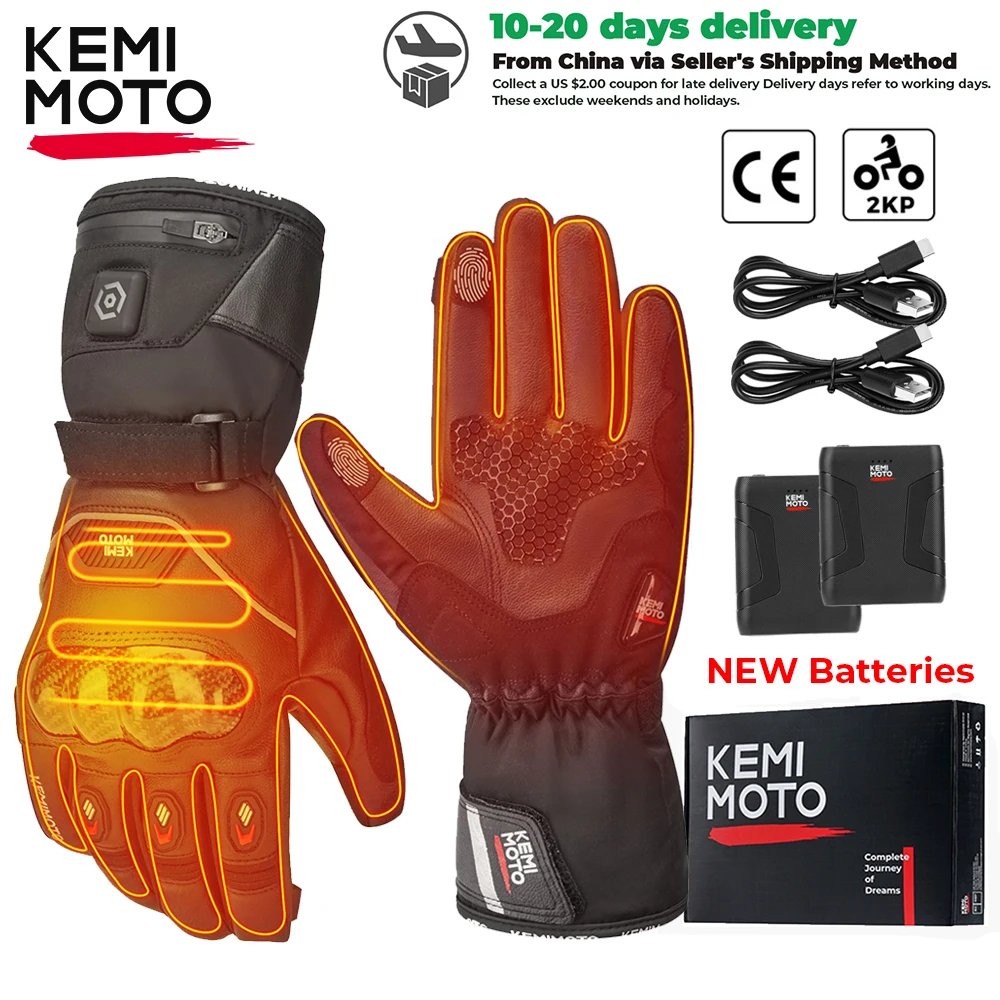 

KEMIMOTO Winter Leather Moto Heated Gloves Motorcycle Waterproof Touch Screen Ski Camping Heated Gloves Battery Motorbike