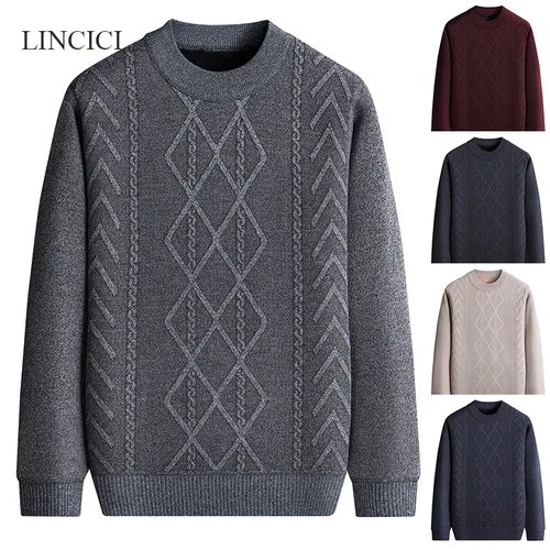 남성용 라운드 넥 플러시 니트 스웨터, 두꺼운 바닥, 따뜻한 단색, 다목적 캐주얼 이너 레이어 스웨터, 2024 겨울 