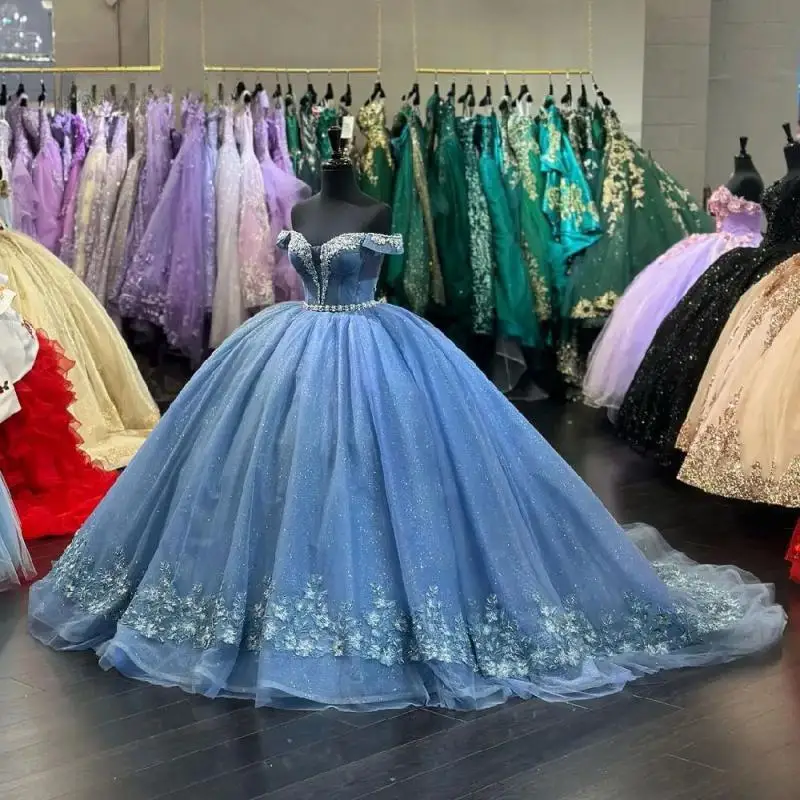 

Blue Quinceanera Dresses For Grils Sweet 15 16 Birthday Party Gown 2024 Off Shoulder Sweetheart Backless Lace Applique Blue Miss