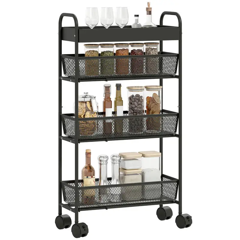 Chariot de rangement à 4 niveaux, à roulettes, pour desserts, avec 3 paniers coulissants, panier supérieur 19 x 43.2 x 80 cm noir