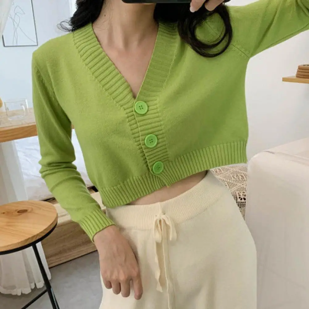 Candy Color Women Sweater Coat V Neck Long Sleeves Single-breasted Cardigan Short Coat Knitted Crop Top Spring Autumn Sweater