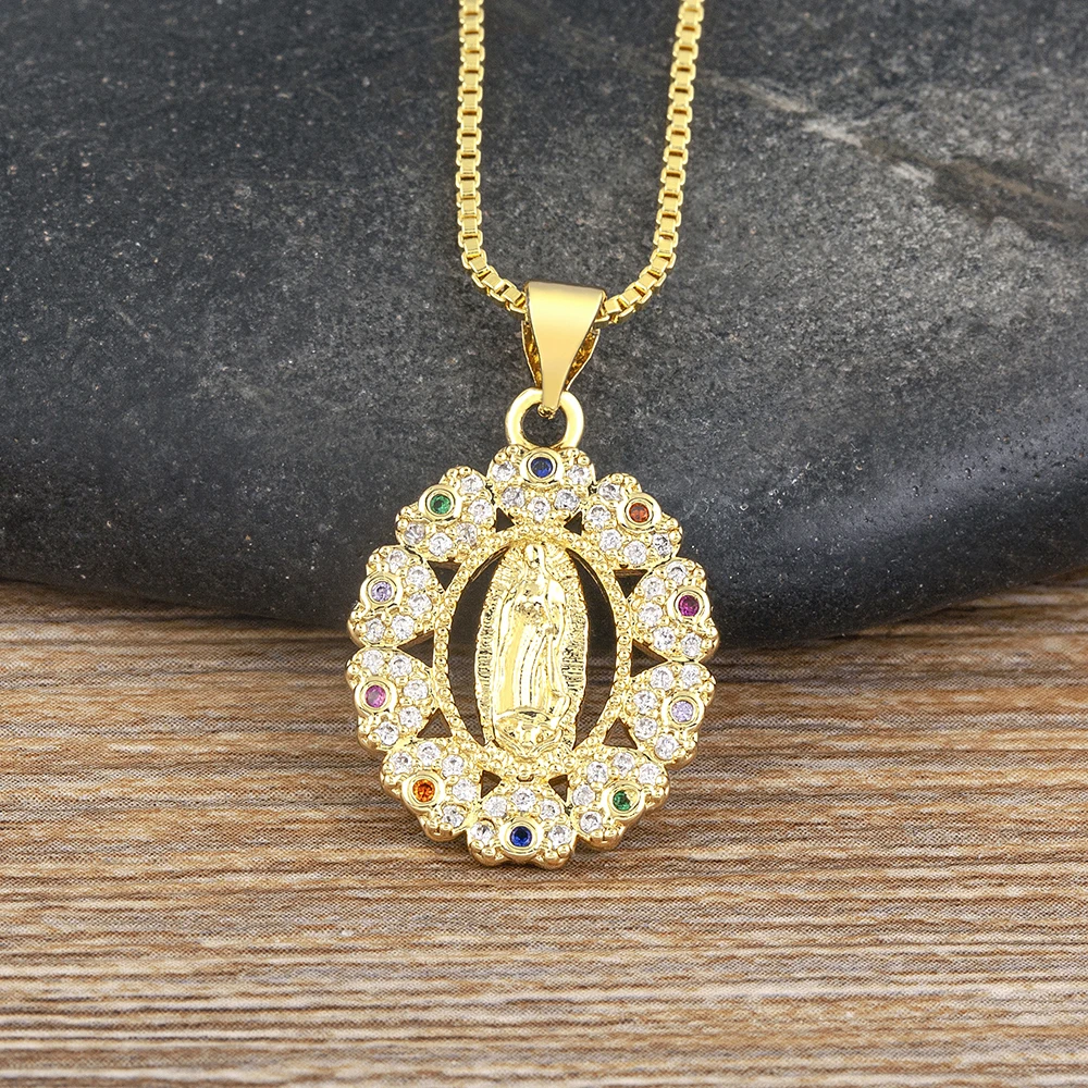 AIBEF Virgin Mary Earrings Necklace Women Religious Jewelry Sets Gold Color Copper Zircon Accessory Gift Wholesale Dropshipping