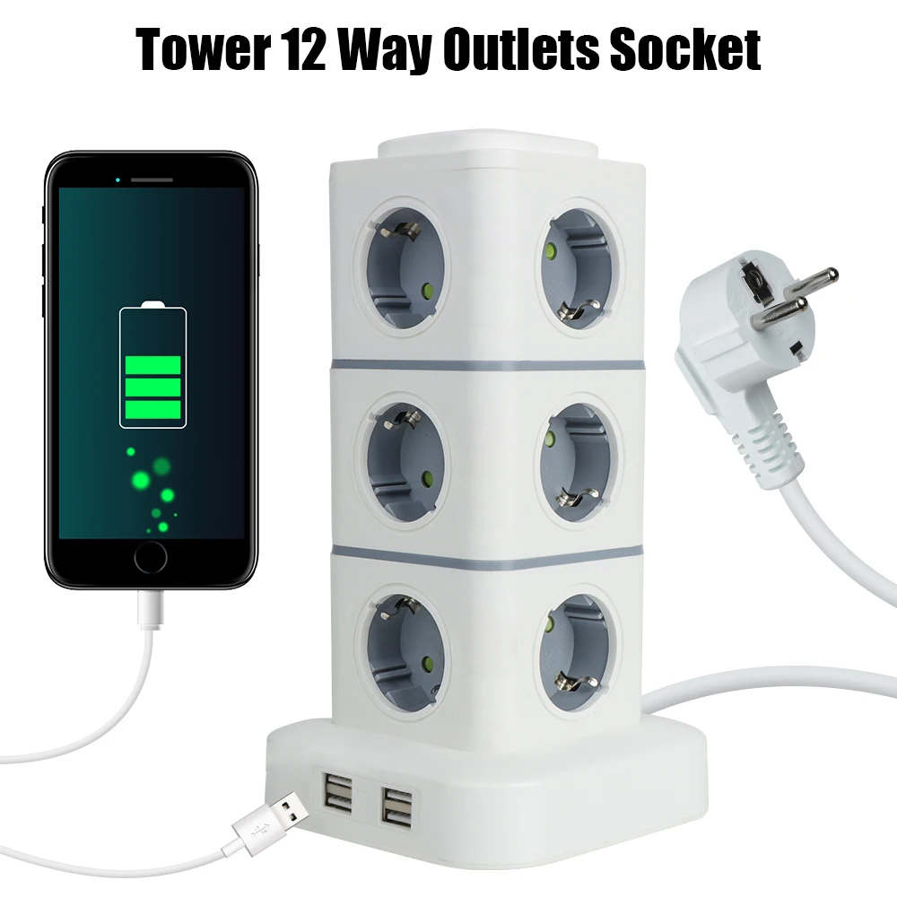 

Multi Power Strip Vertical EU Plug 2.8m Extension Cord 5V 3.1A Tower 12 Way Outlets Socket with 4 USB Overload Protector Switch