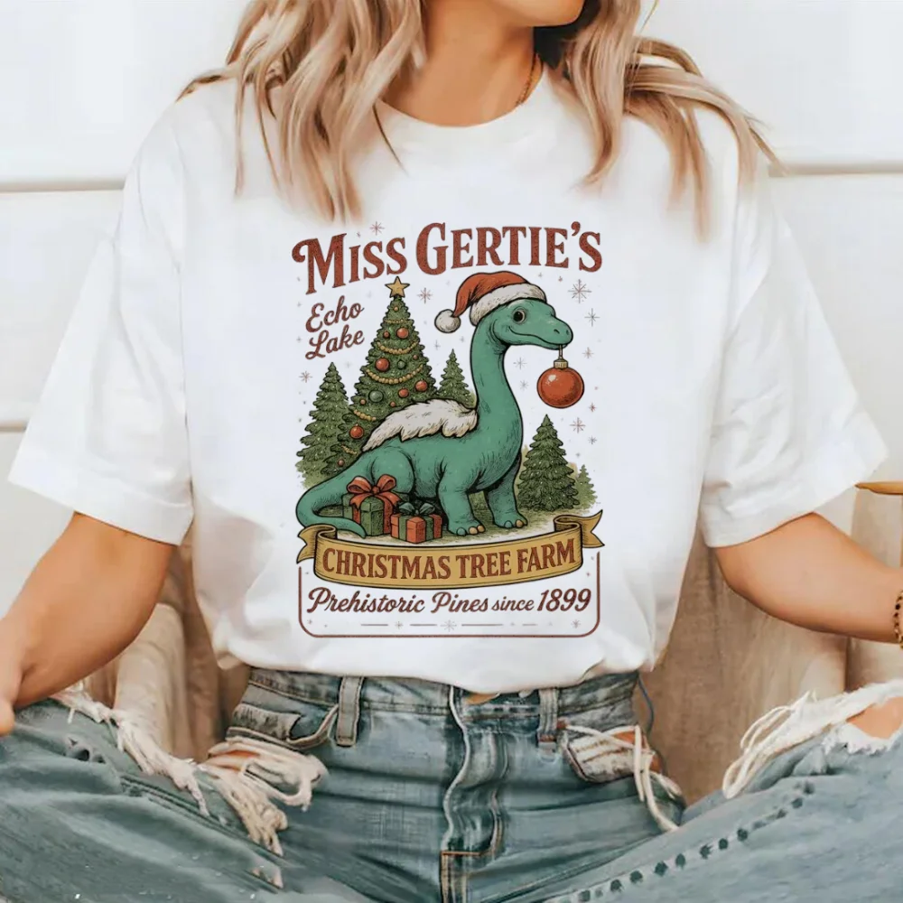 T-shirt con stampa dinosauro albero di Natale modello fattoria cartone animato carino top da donna casual versatile girocollo t-shirt bianca da donna