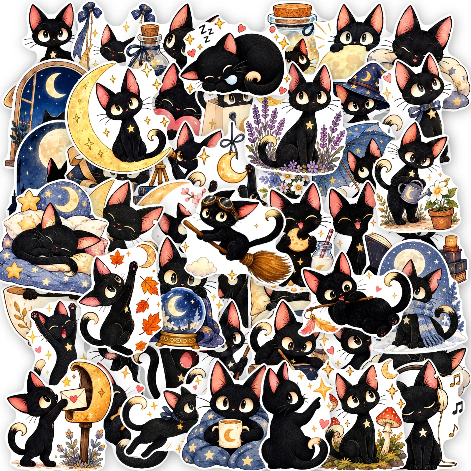 10/250 PCS Cute Black Magic Cat Stickers, Kawaii Witch Moon Star Decals for Laptop, Water Bottle, Phone Case, Journal, Helmets
