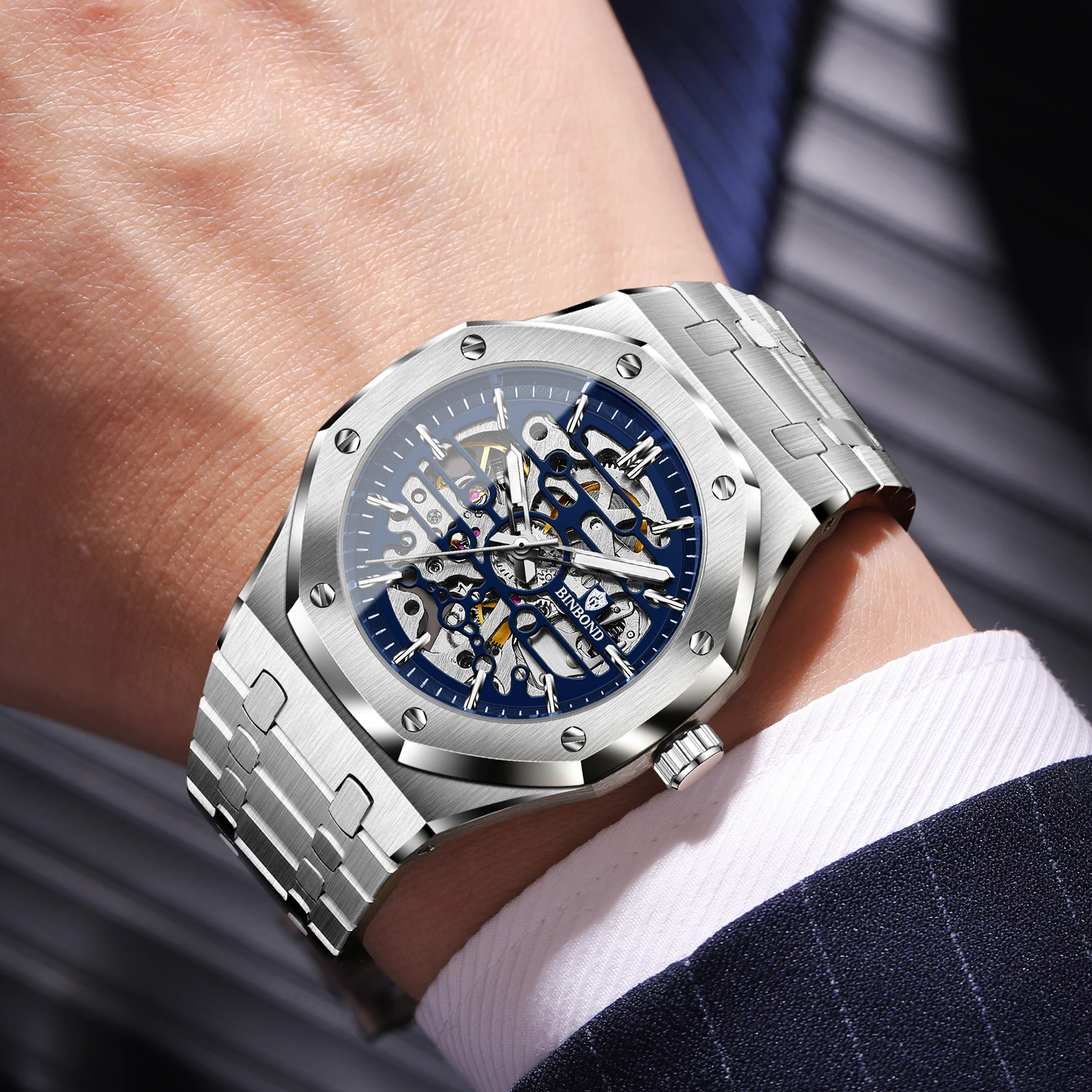 BINBOND, reloj deportivo de lujo a la moda para hombre, luz nocturna, reloj mecánico automático resistente al agua
