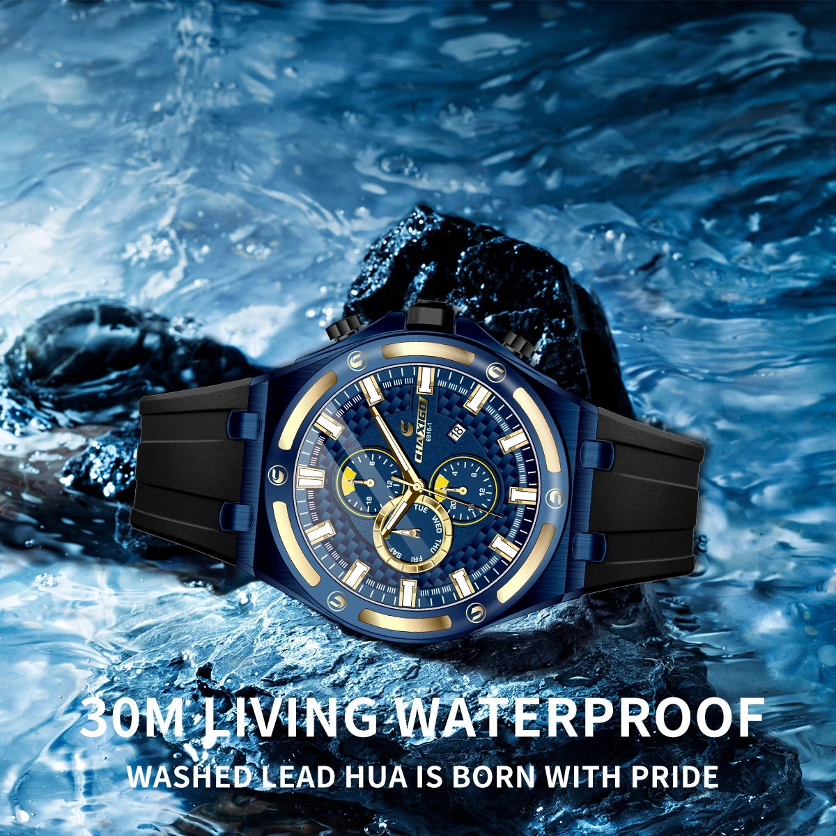 Luxury Man Wristwatch CHAXIGO Waterproof Watch for Men Silicone adhesive tape Chronograph Men's Quartz Watches Male reloj 6916-1