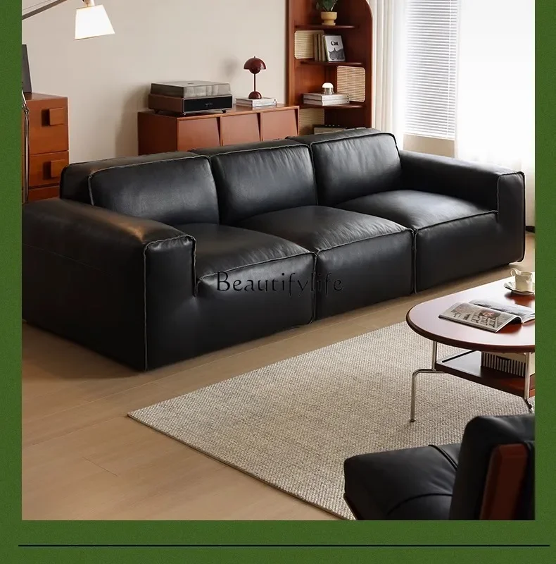 

Big black cow leather sofa first layer cowhide Italian style living room tofu block straight row combination sofa