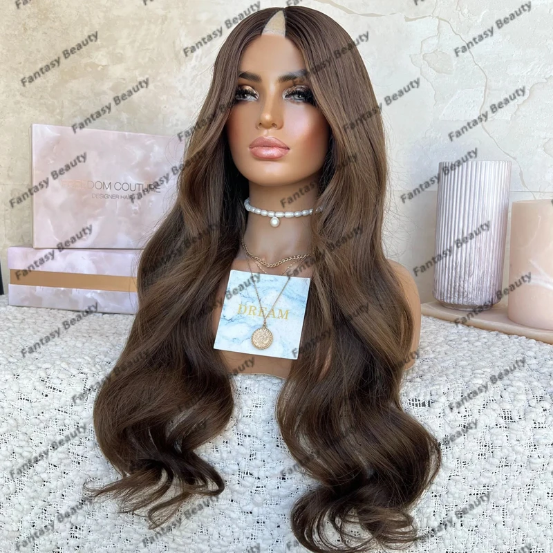 

Light Cool Brown Long Wavy Human Hair 1x4 U Part Wigs Full Ends Glueless 150Density Opening V Part Wigs Natural Look Easy Wear