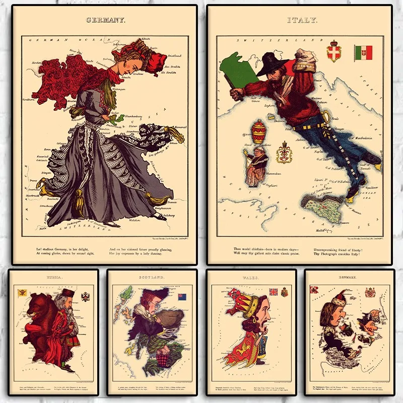 Vintage Victorian National Map Poster Denmark Germany England France Italy Spain Canvas Painting Wall Art Living Room Home Decor
