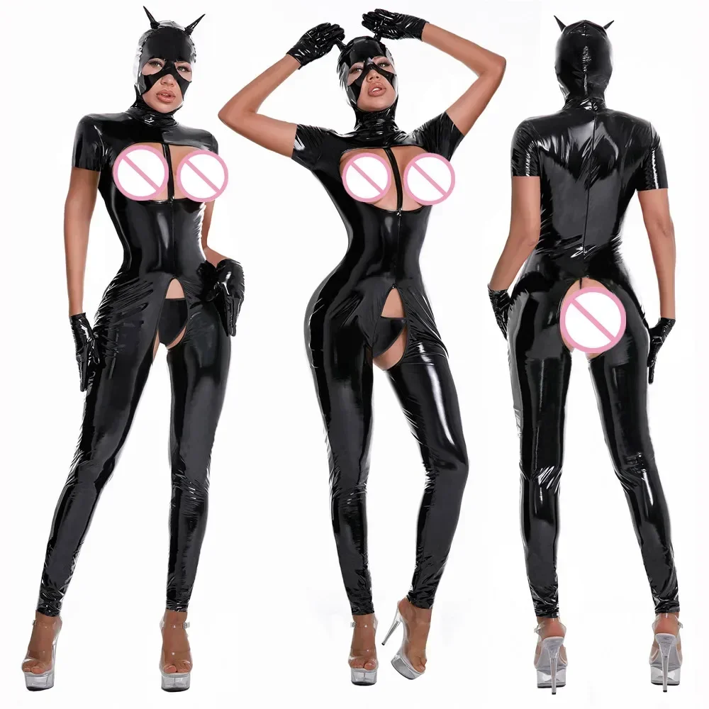 Erotic Breast Exposing Jumpsuit Teddy Lingerie Catsuit Sexy Women Leather Bodysuit Zip Open Crotch Skinny Latex Pants Costumes