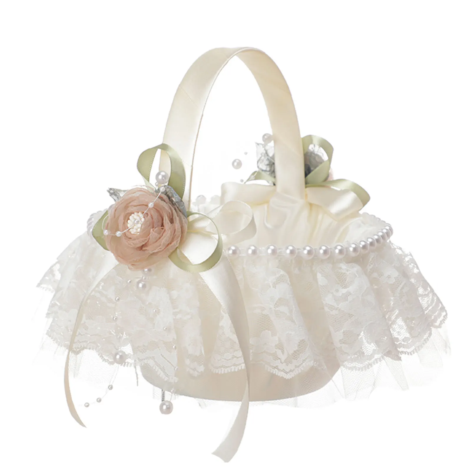 

Creative White Lace Cloth Flower Girls Basket Elegant Pearls Handle Baskets Wedding Party Supplies