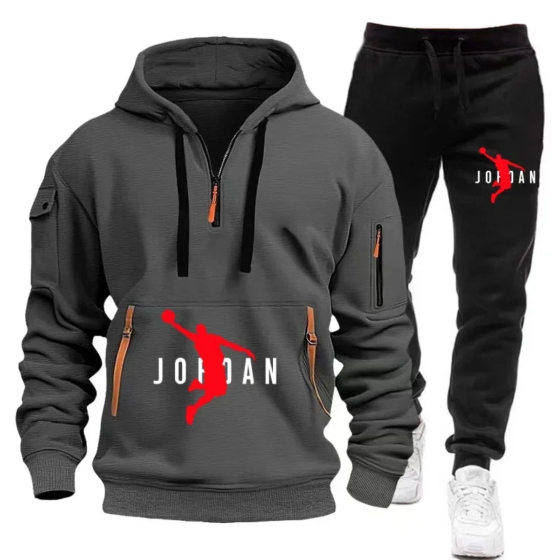 Spring and autumn new men's sportswear fashion outdoor leisure jogging multi-pocket men's zipper hoodie + pants two-piece set