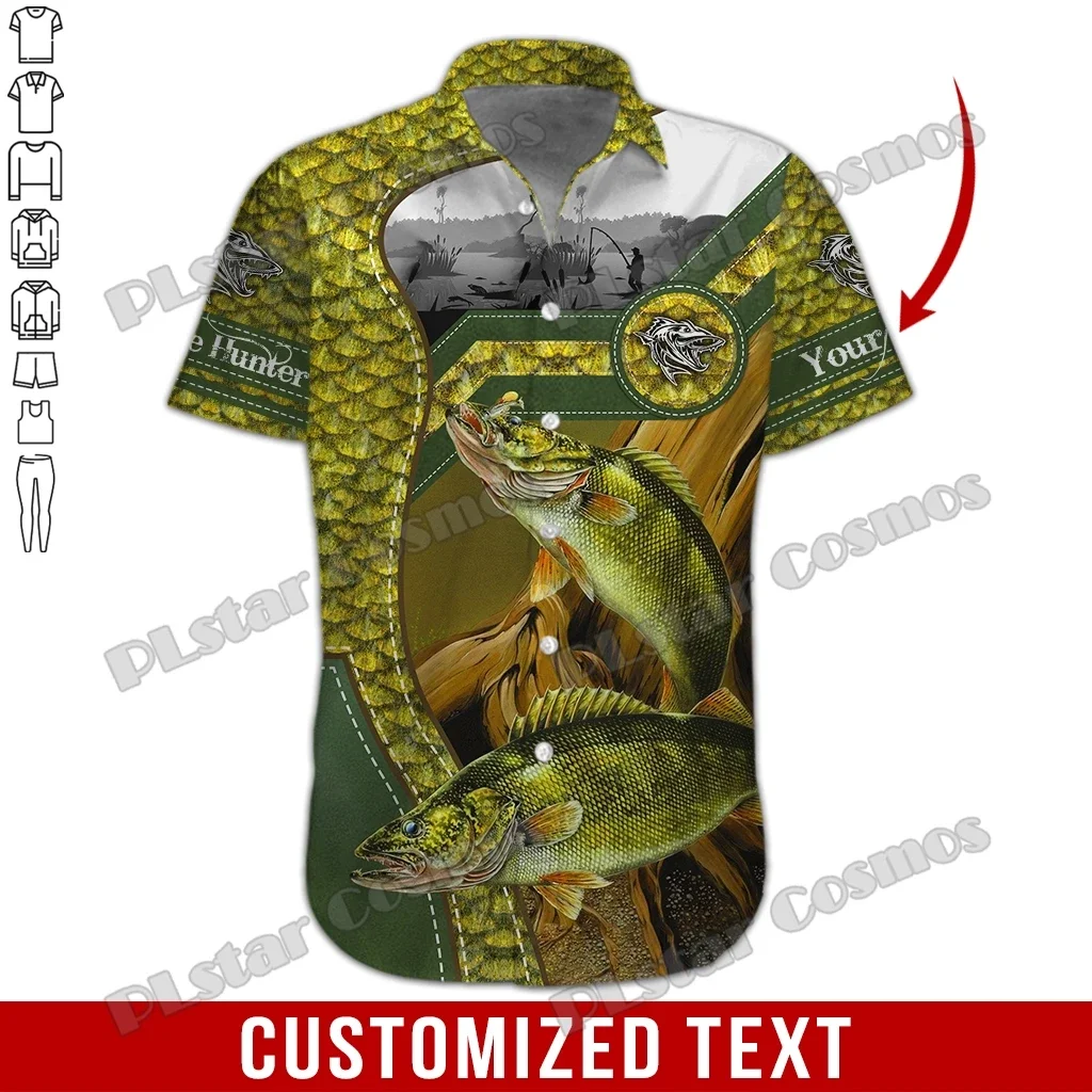 Newest Summer Short sleeve Shirts Personalized Name Yellow Walleye 3D Printed Hawaiian Shirt Mens Casual Beach Shirt DXS08