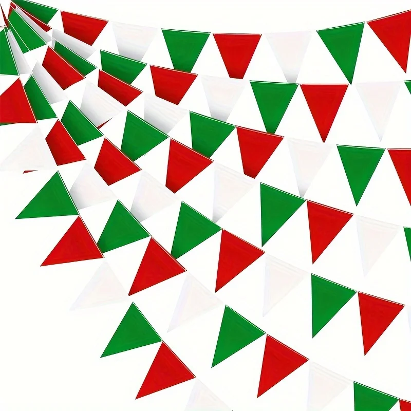 10M Red Green White Flag, Plastic Pennant Garland, Christmas Atmosphere Decoration Bunting for Party and Garden Outdoor