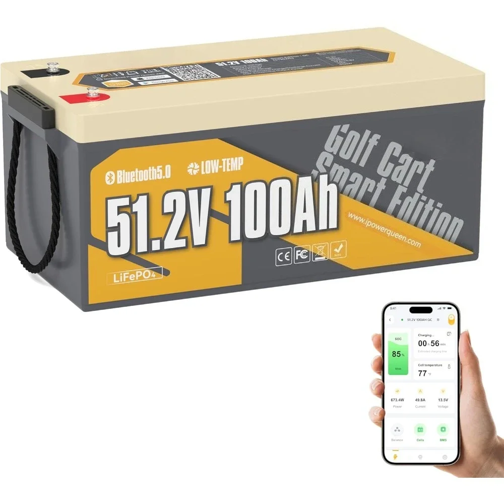

48V 100Ah Lithium Golf Cart Battery, Group 8D LiFePO4 Battery with Bluetooth 5.0, Built-in 200A Smart BMS with Low-temp