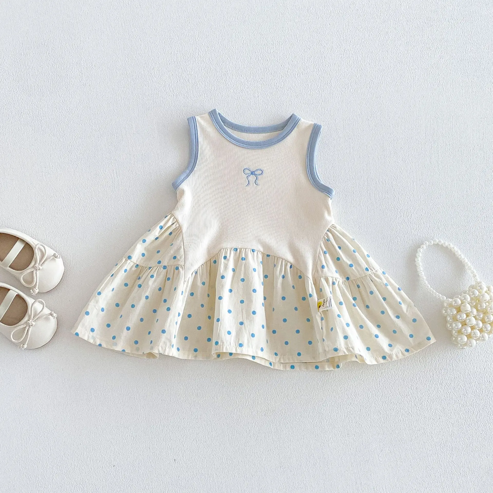 2026 Summer New Girls Sweet Bow Polka Dot Dress Infant Sleeveless Splicing Dress Cotton Baby Girl Princess Dress Toddler Clothes
