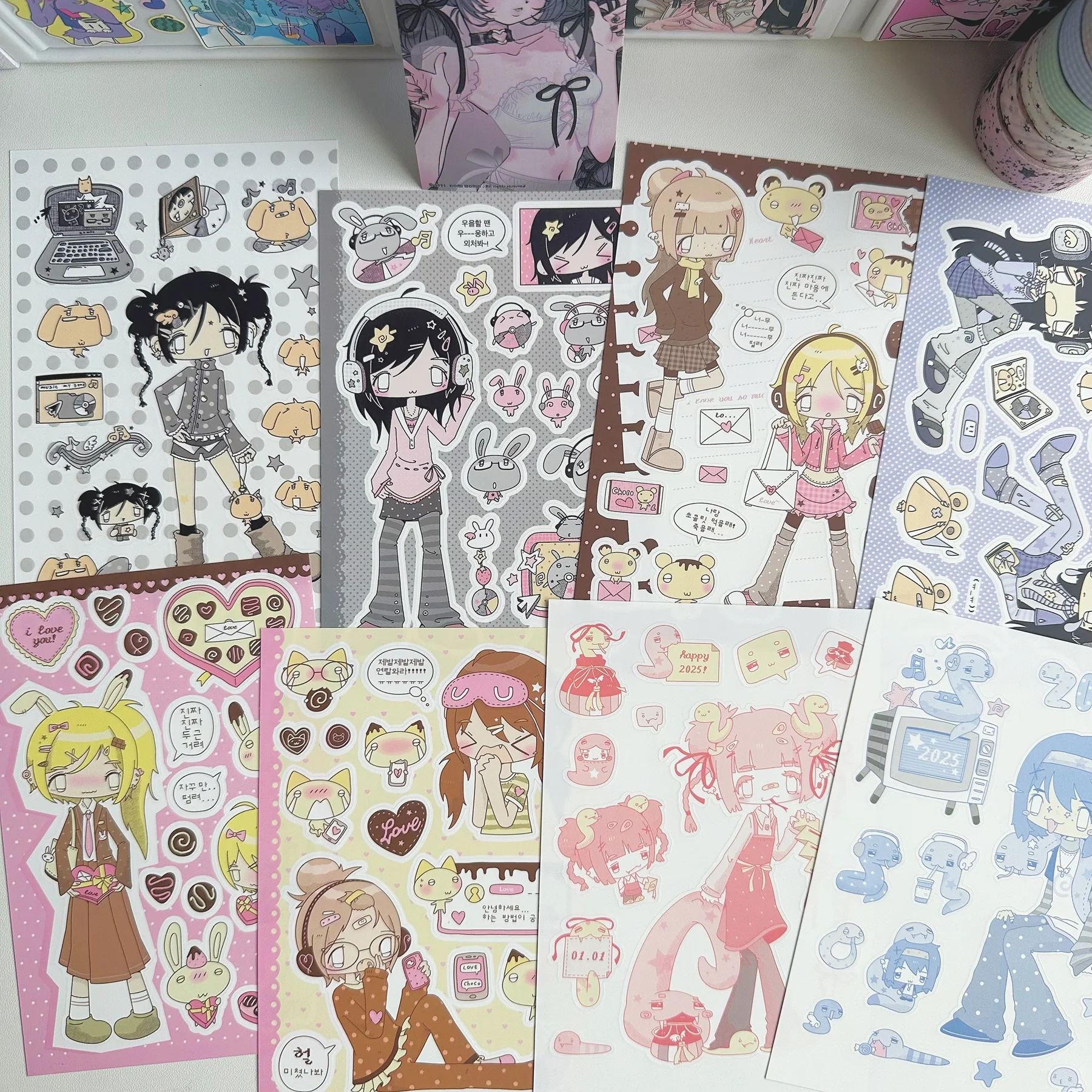 【セール中】1/8 個韓国かわいい夏レトロガールキャラクターステッカーハンドアカウントプランナー日記ノートブックスクラップブック DIY 装飾ステッカー