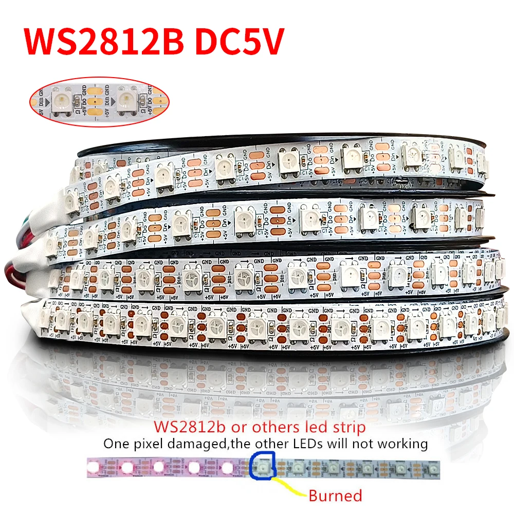 Tira de luces LED direccionable a todo color, lámpara de neón SMD5050, píxeles inteligentes, RGB, DC5V, DC12V, WS2815, WS2812B, WS2811